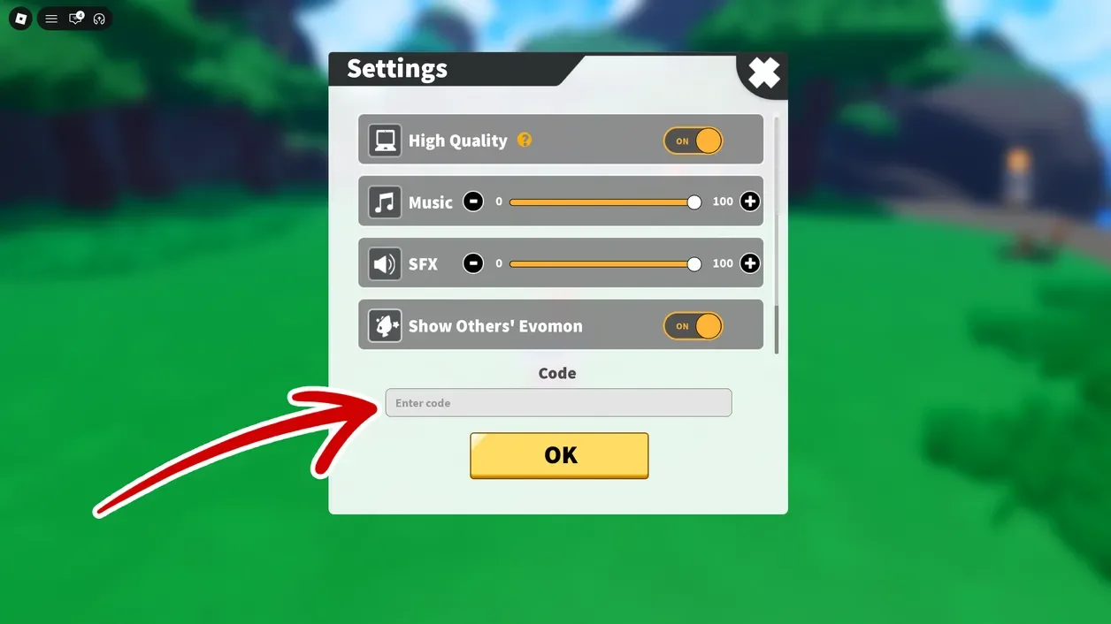 Evomon code input box in the settings menu